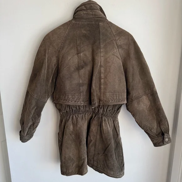 Vintage 80s Brown Suede Utility Coat Womens S Leather Longline Safari Distressed - Picture 10 of 16